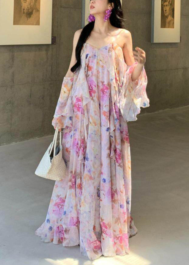 V Neck Tiered Ruffle Off Shoulder Bell Sleeve Watercolor Floral Maxi Dress