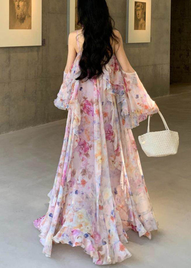 V Neck Tiered Ruffle Off Shoulder Bell Sleeve Watercolor Floral Maxi Dress