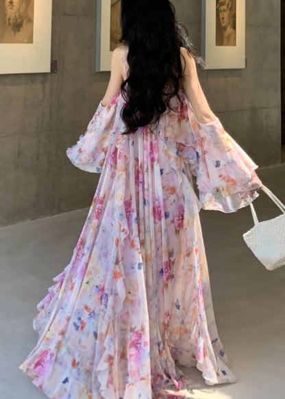 V Neck Tiered Ruffle Off Shoulder Bell Sleeve Watercolor Floral Maxi Dress
