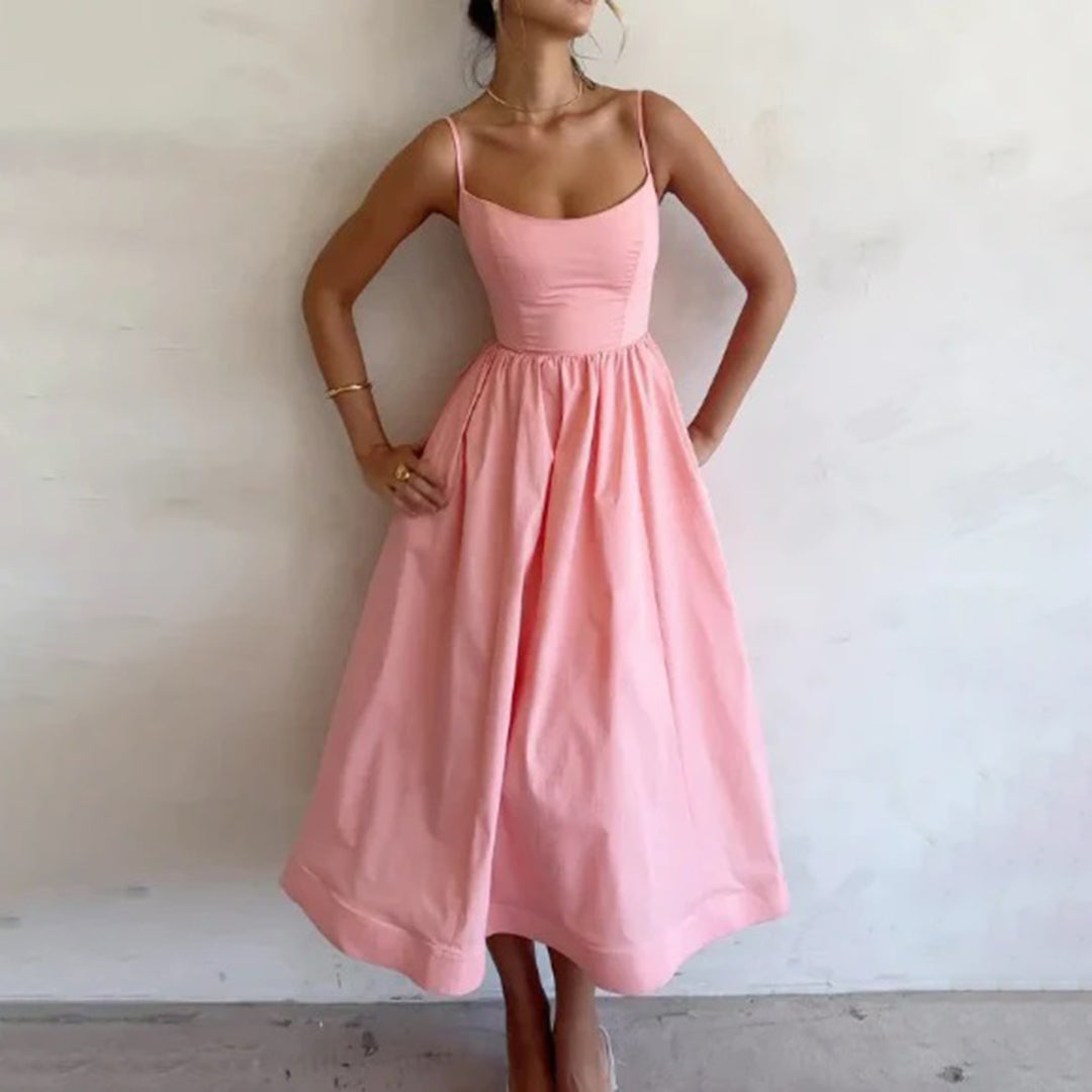 Scoop Neck Spaghetti Strap Fit and Flare Midi Dress