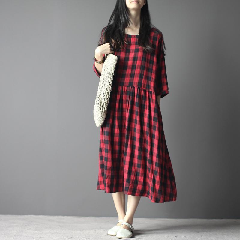 Buffalo Plaid Gathered Waist Three-Quarter Sleeve Midi Smock Dress