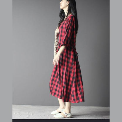 Buffalo Plaid Gathered Waist Three-Quarter Sleeve Midi Smock Dress