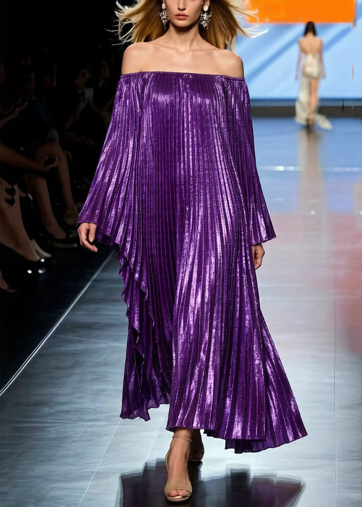Off-Shoulder Metallic Plisse Accordion Pleat Cape Sleeve Maxi Dress