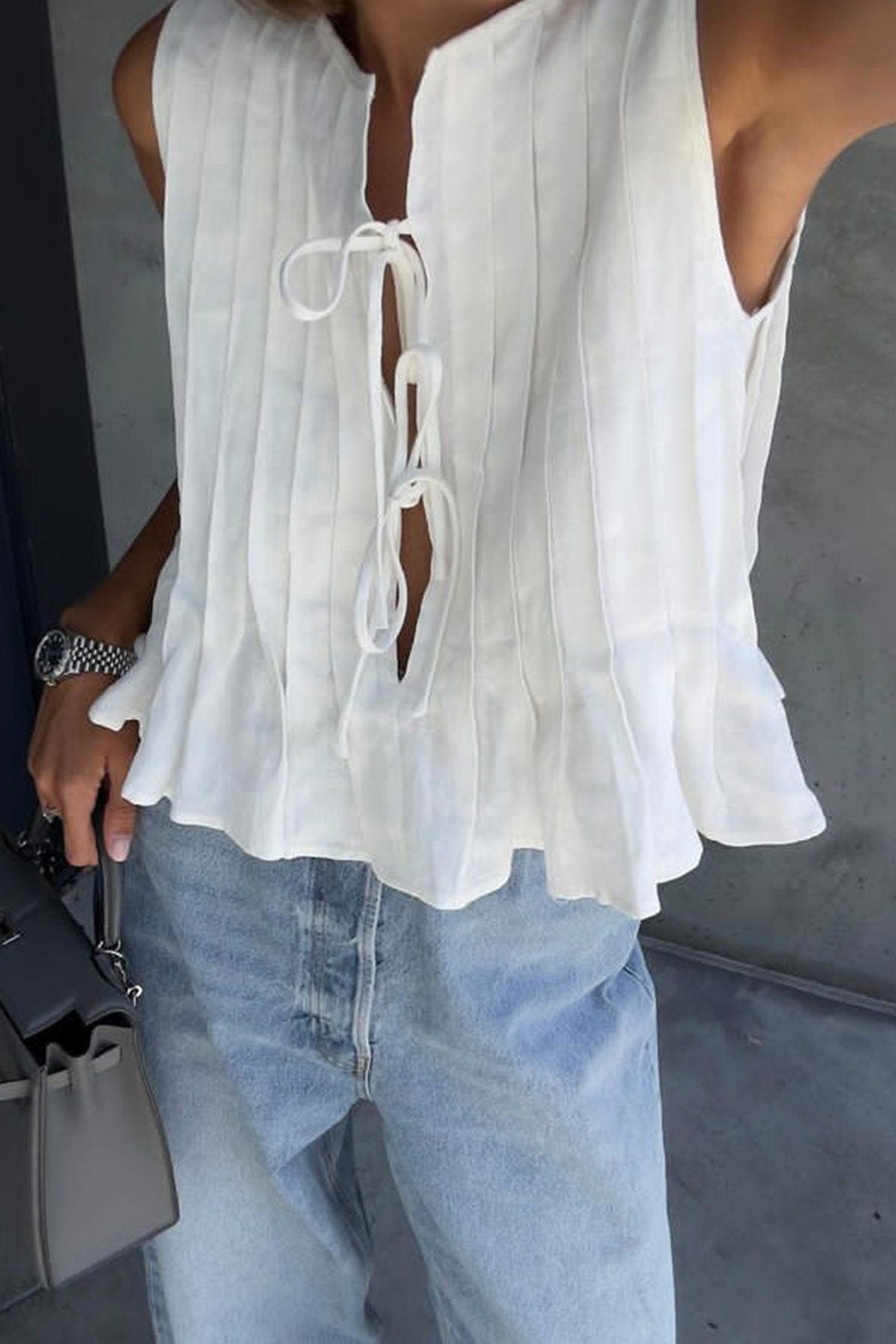 Pleated Tie-up Cotton Linen Tank Top