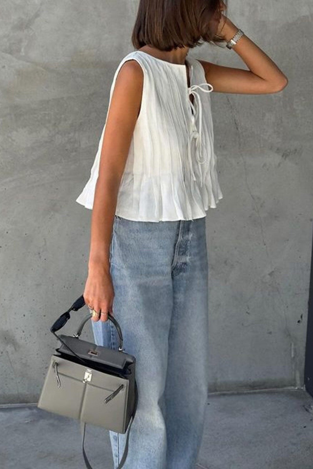 Pleated Tie-up Cotton Linen Tank Top