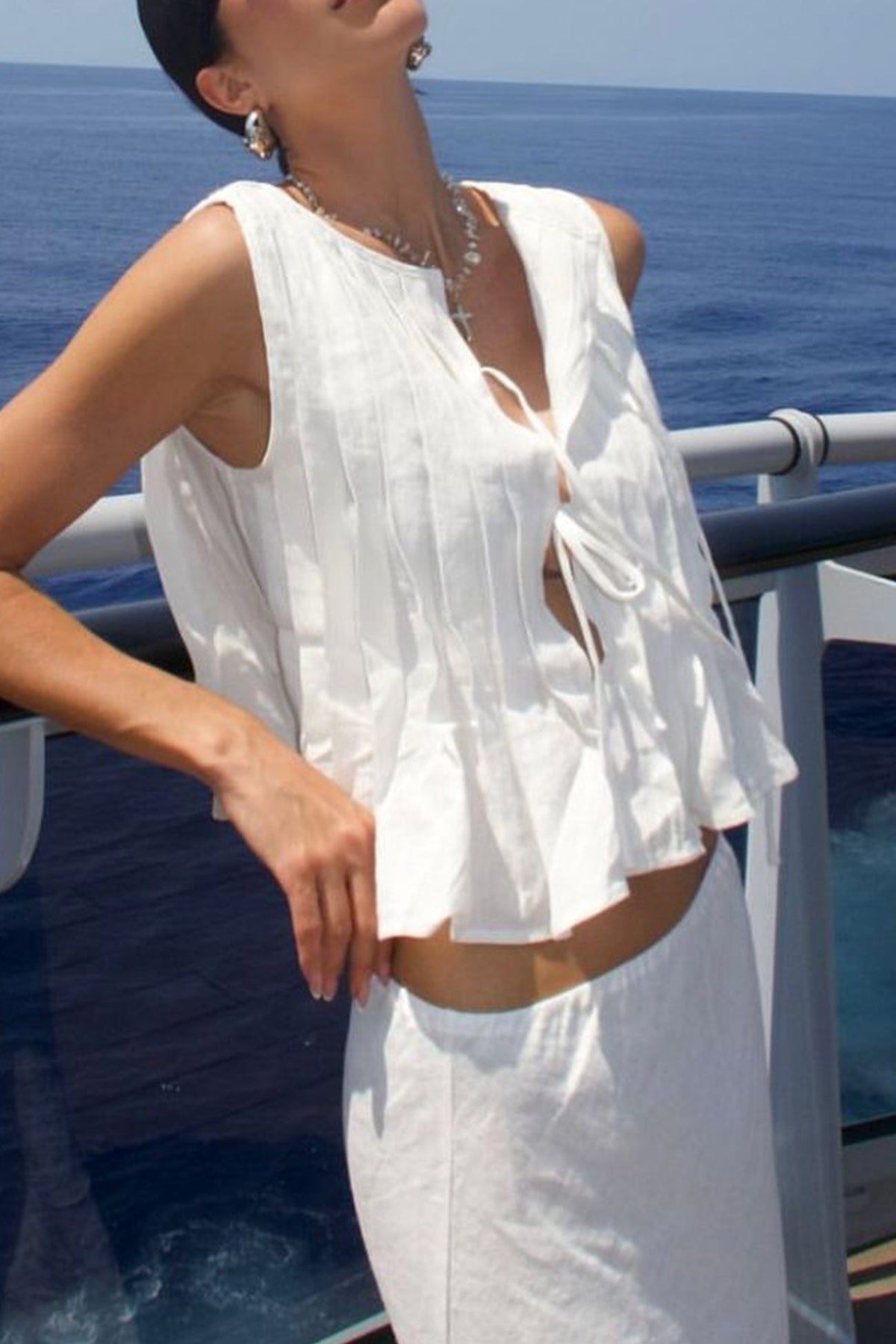 Pleated Tie-up Cotton Linen Tank Top