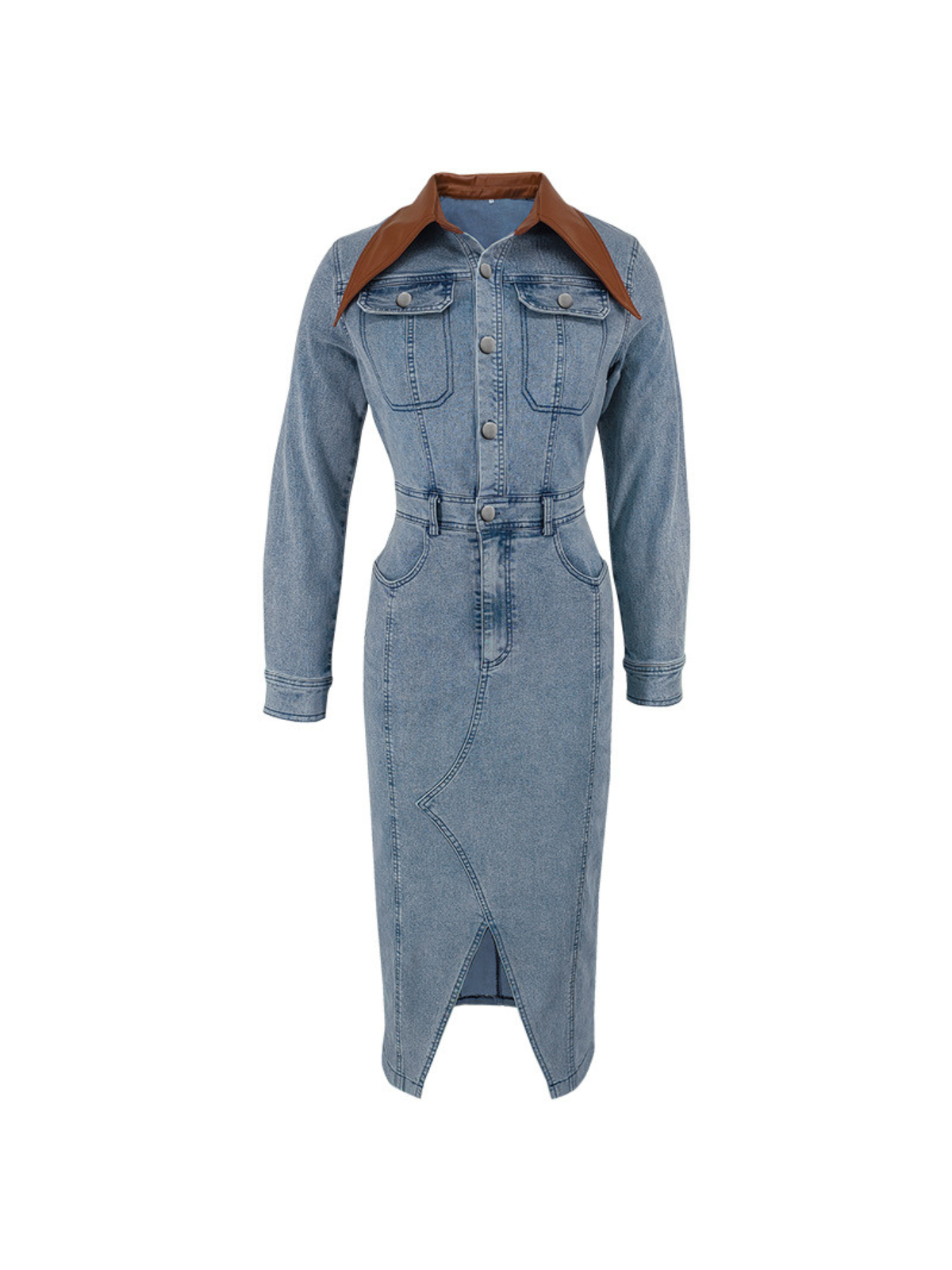 Collar Contrast Pocket Button Denim Shirt Midi Dress