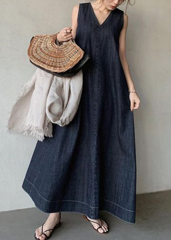 Deep V Neck Sleeveless Denim A Line Floor Length Maxi Dress