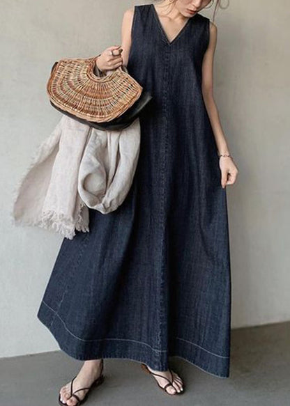 Deep V Neck Sleeveless Denim A Line Floor Length Maxi Dress