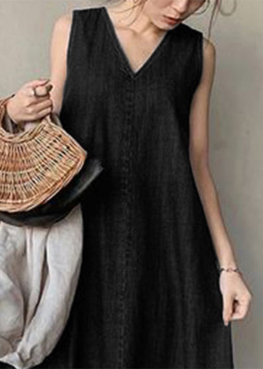 Deep V Neck Sleeveless Denim A Line Floor Length Maxi Dress