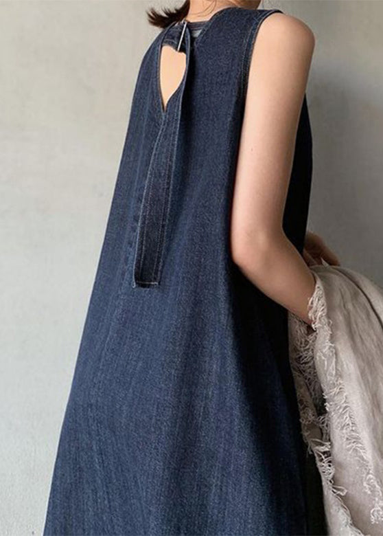 Deep V Neck Sleeveless Denim A Line Floor Length Maxi Dress