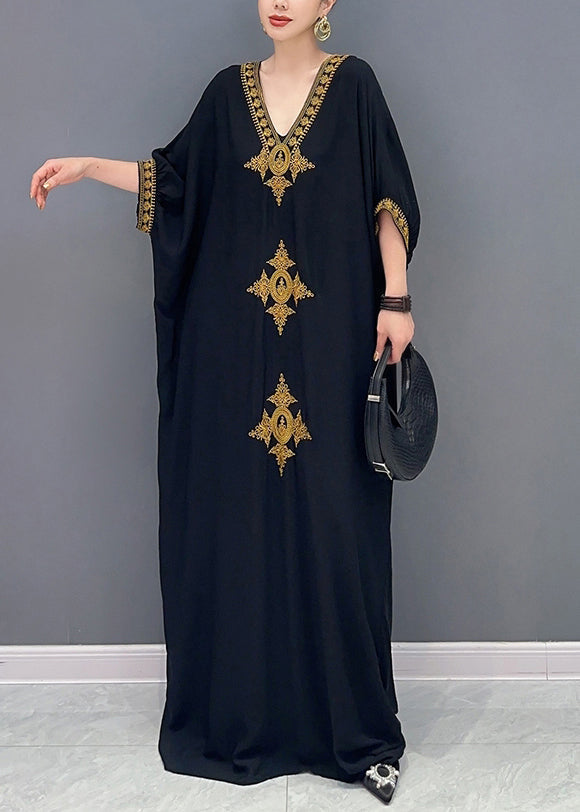 V-Neck Medallion Embroidered Batwing Sleeve Maxi Gown