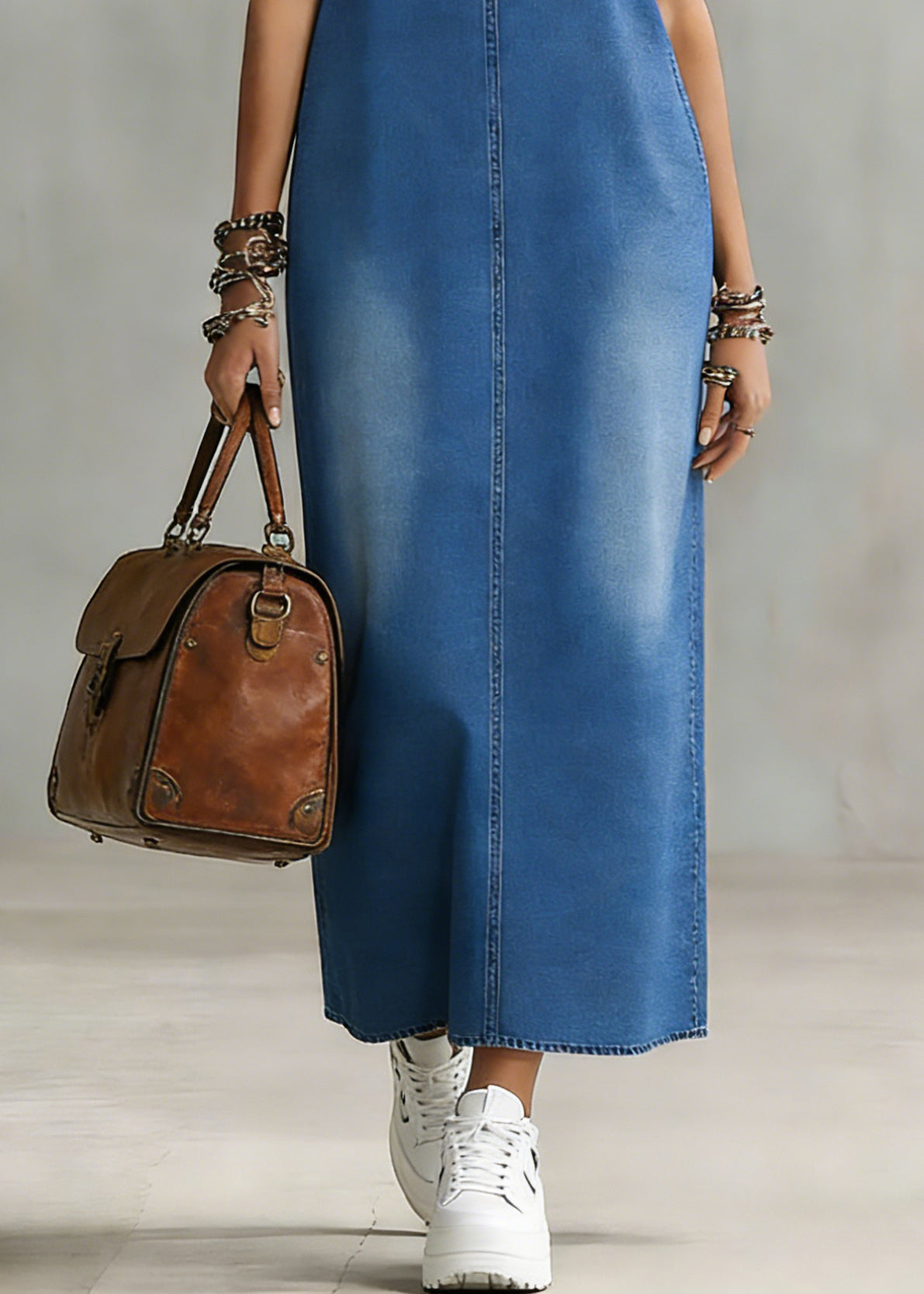 Deep V Neck Ring Strap Washed Denim Column Maxi Dress