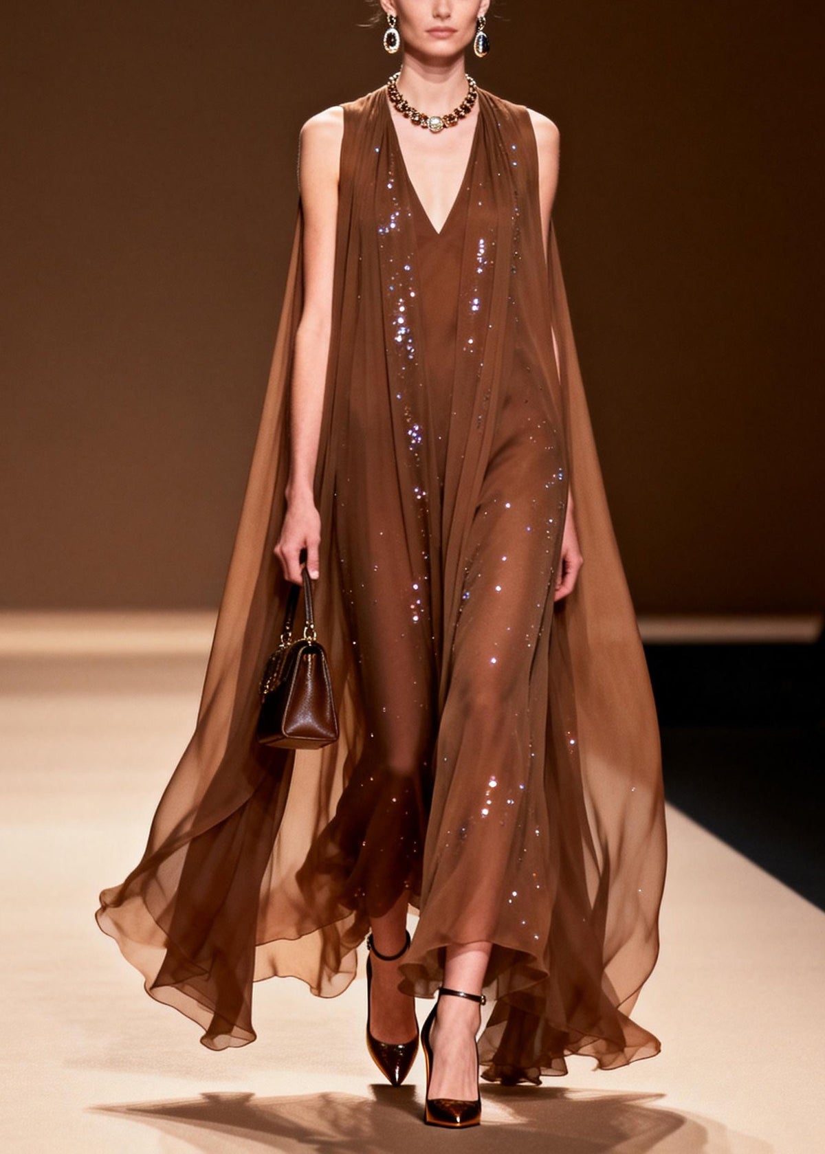 Sleeveless Deep V-Neck Sequin Embellished Cape Overlay Maxi Gown