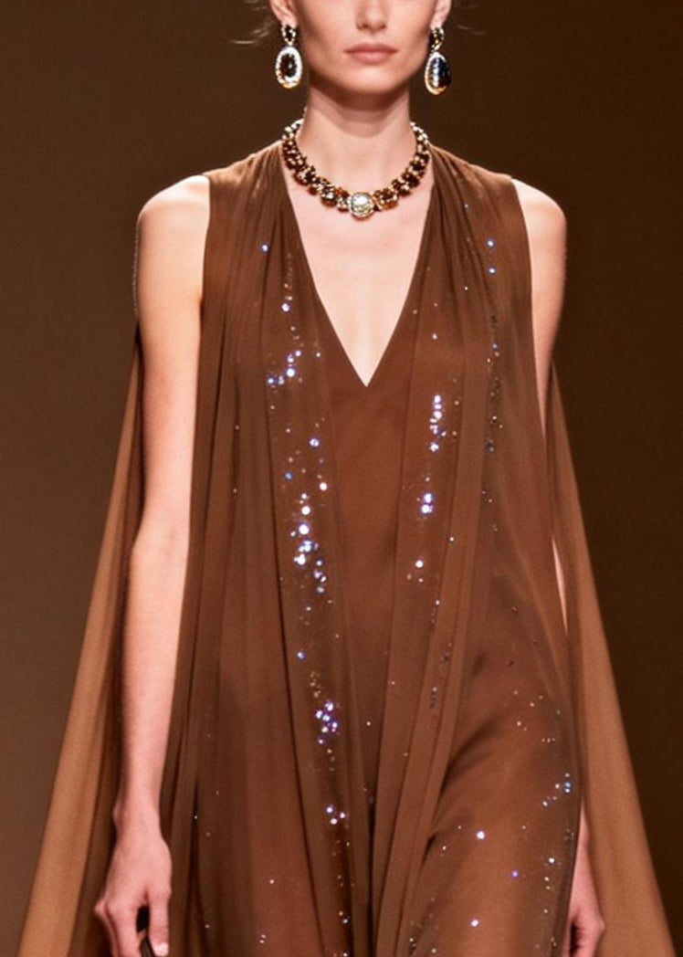 Sleeveless Deep V-Neck Sequin Embellished Cape Overlay Maxi Gown
