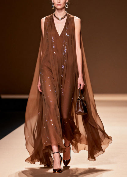 Sleeveless Deep V-Neck Sequin Embellished Cape Overlay Maxi Gown
