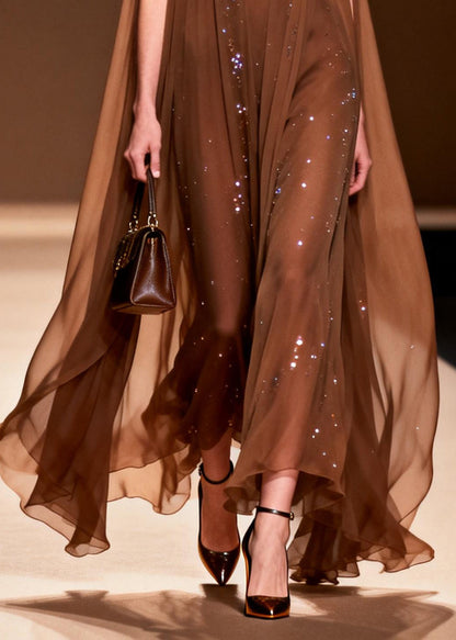 Sleeveless Deep V-Neck Sequin Embellished Cape Overlay Maxi Gown