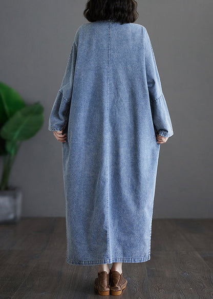 Stand Collar Patchwork Button Side Open Denim Maxi Dress