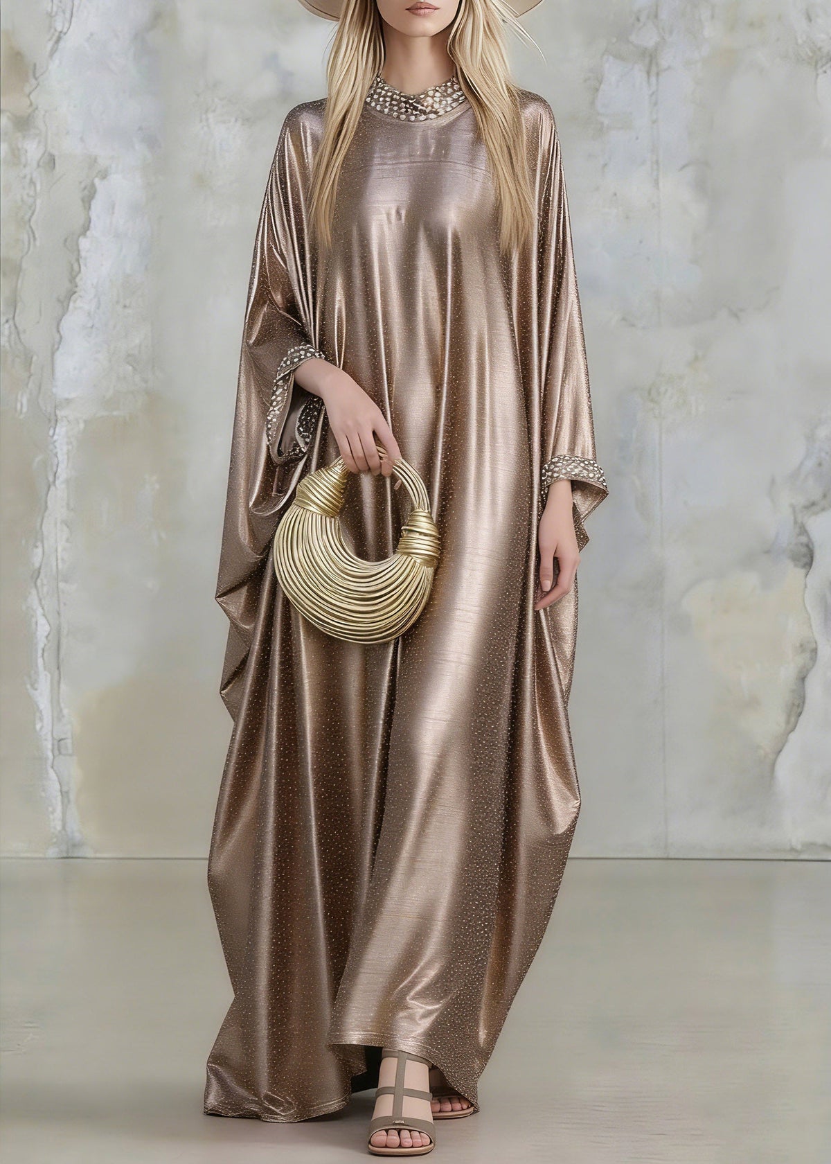 Crew Neck Pearl Bead Cuff Shimmering Ribbed Metallic Kaftan Maxi Dress