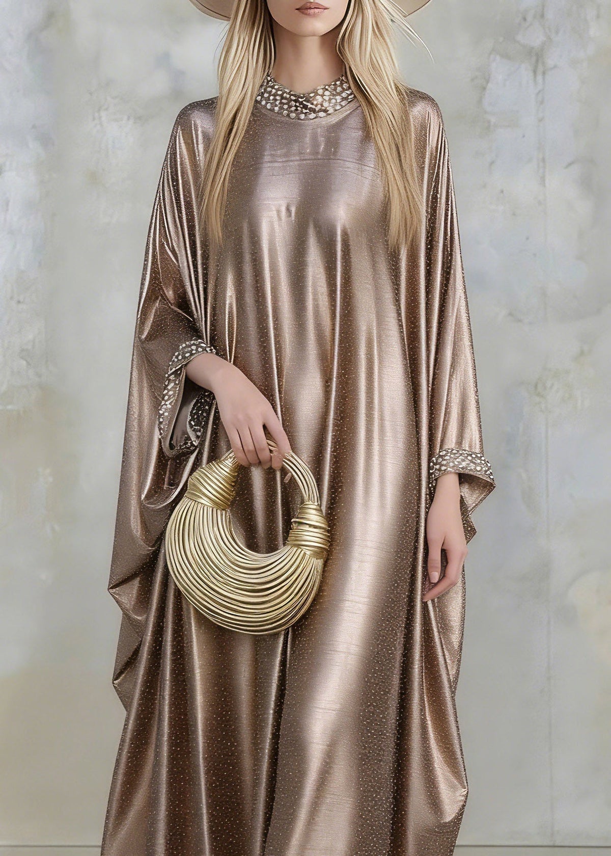 Crew Neck Pearl Bead Cuff Shimmering Ribbed Metallic Kaftan Maxi Dress