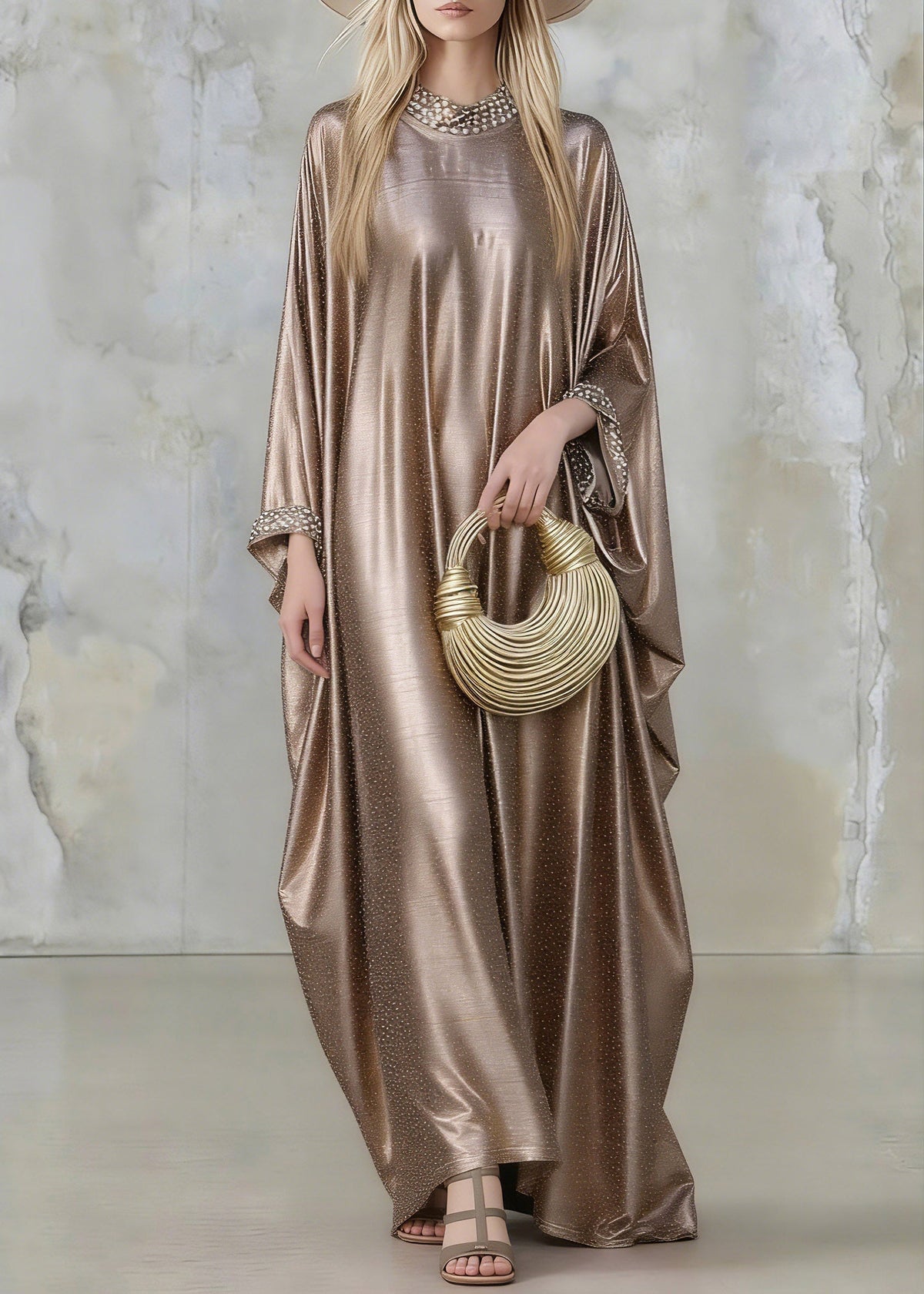 Crew Neck Pearl Bead Cuff Shimmering Ribbed Metallic Kaftan Maxi Dress