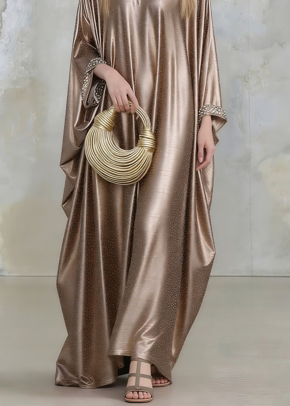 Crew Neck Pearl Bead Cuff Shimmering Ribbed Metallic Kaftan Maxi Dress