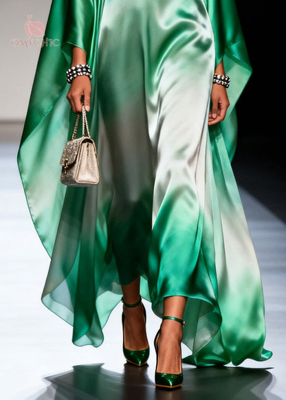 Deep V Neck Ombre Satin Cape Sleeve Maxi Kaftan Dress