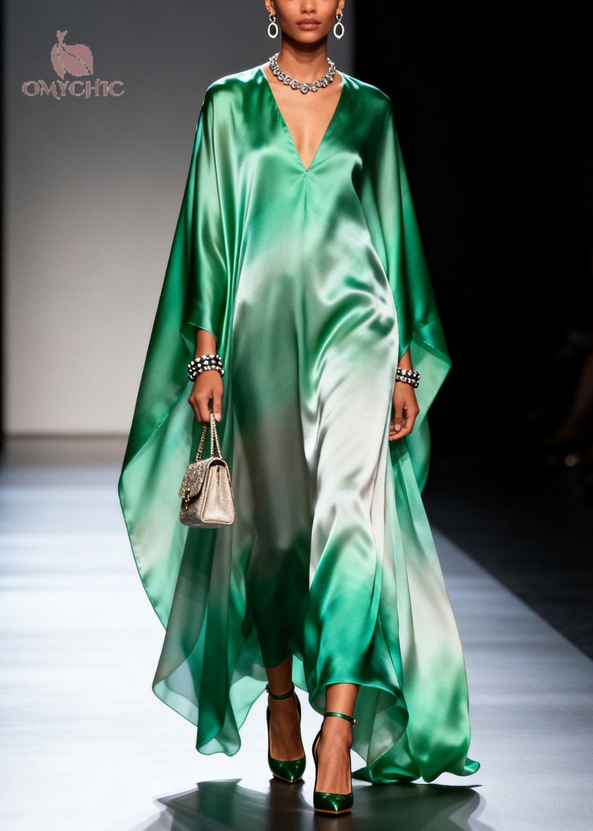 Deep V Neck Ombre Satin Cape Sleeve Maxi Kaftan Dress