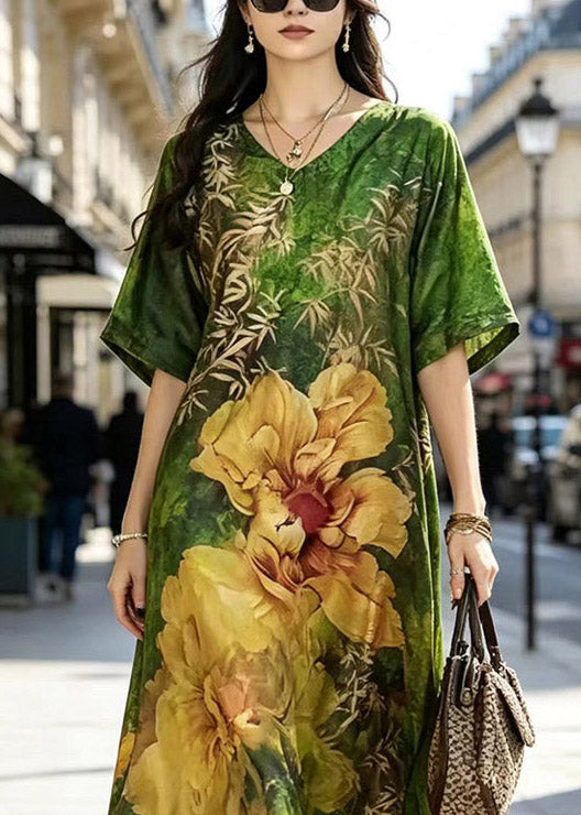 V-Neck Botanical Floral Print Kimono Sleeve Maxi Dress