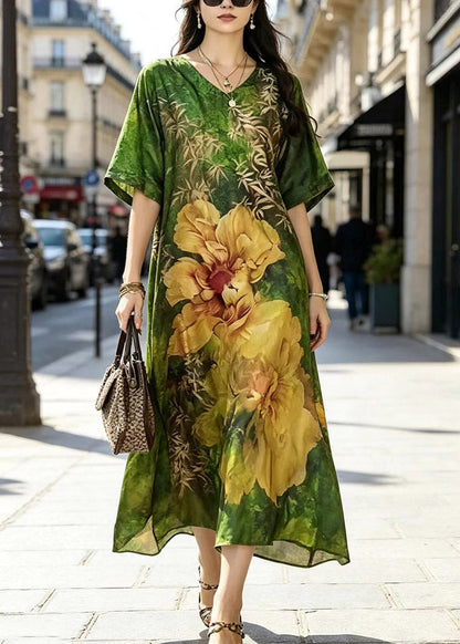 V-Neck Botanical Floral Print Kimono Sleeve Maxi Dress