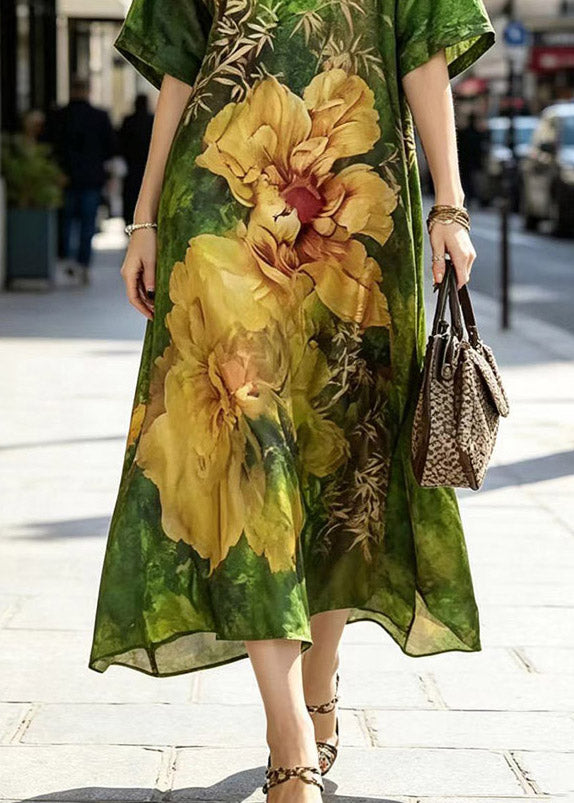 V-Neck Botanical Floral Print Kimono Sleeve Maxi Dress