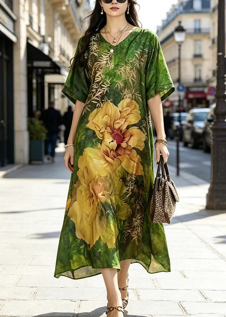 V-Neck Botanical Floral Print Kimono Sleeve Maxi Dress
