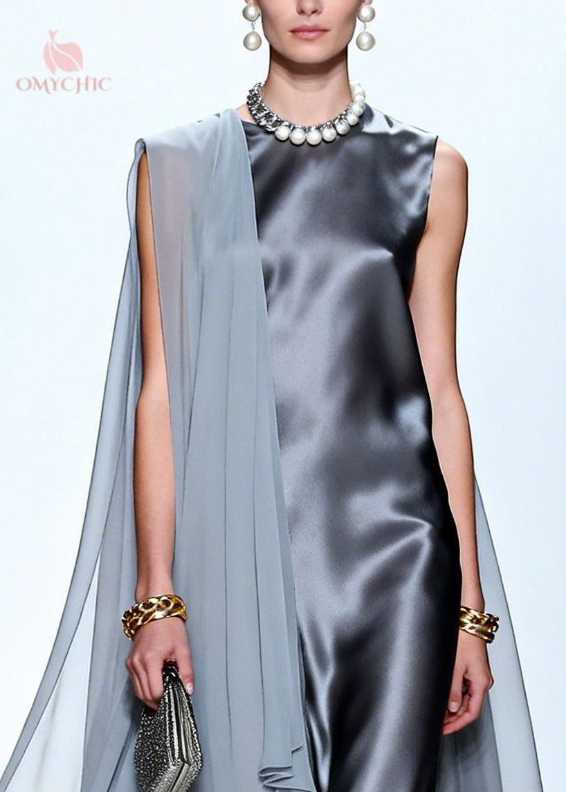Mock Neck Satin Sheer Cape Overlay Column Maxi Dress