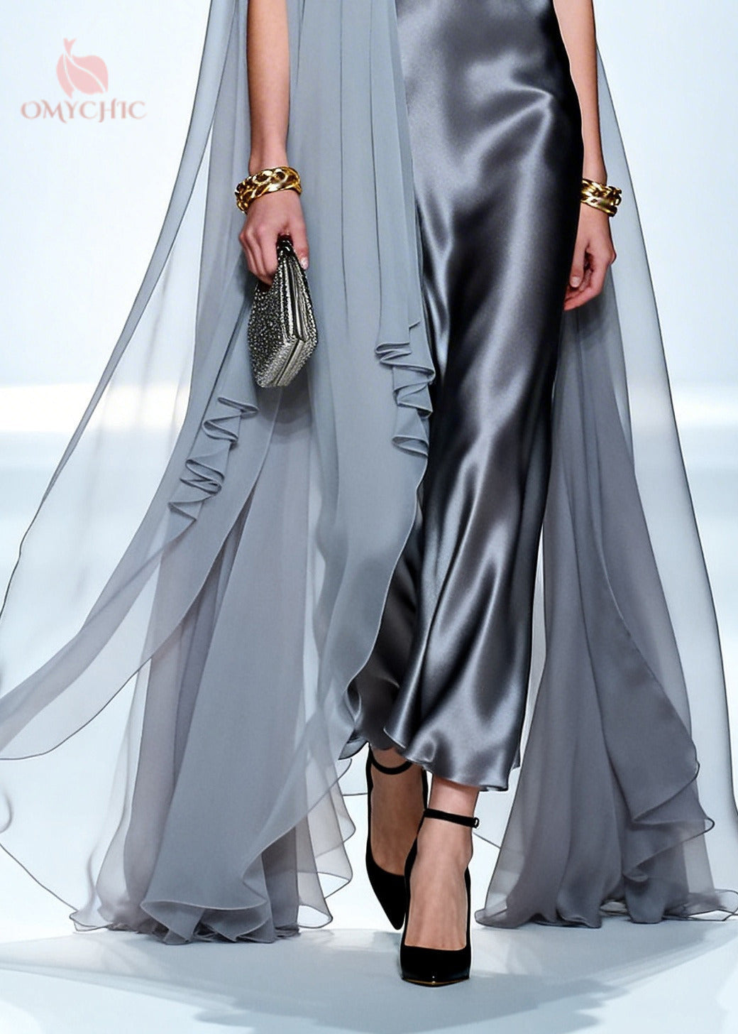 Mock Neck Satin Sheer Cape Overlay Column Maxi Dress