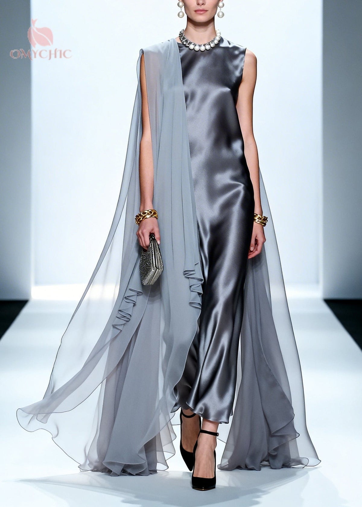 Mock Neck Satin Sheer Cape Overlay Column Maxi Dress