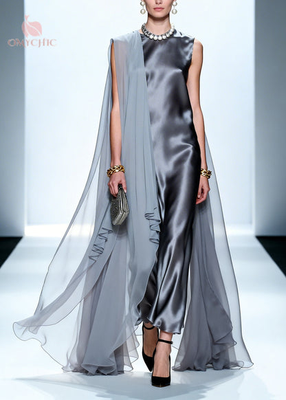Mock Neck Satin Sheer Cape Overlay Column Maxi Dress