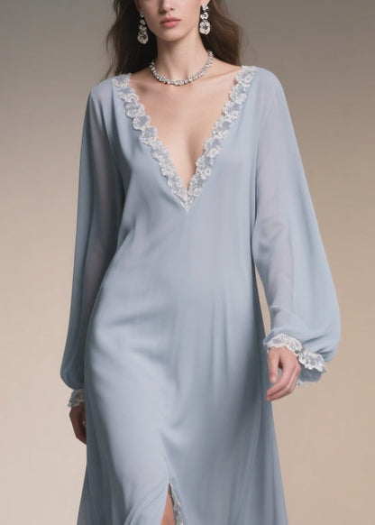 Lace Trim Deep V-Neck Bishop Sleeve Front Slit Chiffon Maxi Dress
