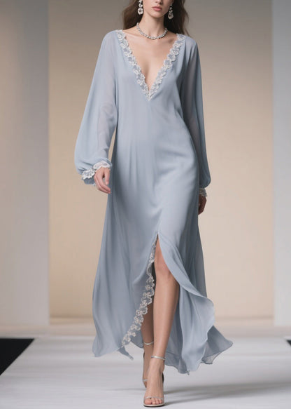 Lace Trim Deep V-Neck Bishop Sleeve Front Slit Chiffon Maxi Dress