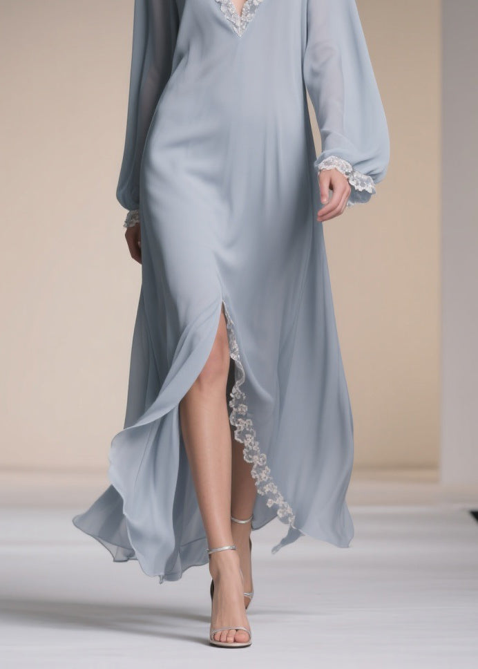 Lace Trim Deep V-Neck Bishop Sleeve Front Slit Chiffon Maxi Dress