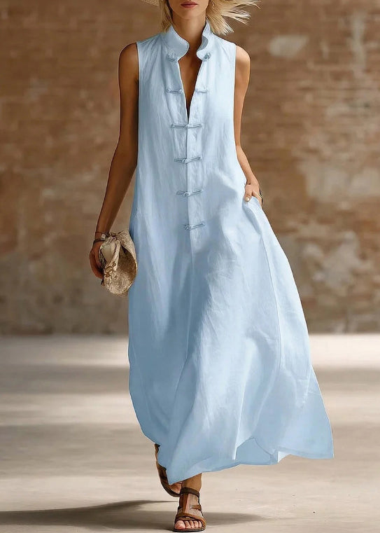 Mandarin Collar Frog Button Pocket V Neck Sleeveless Linen Maxi Dress