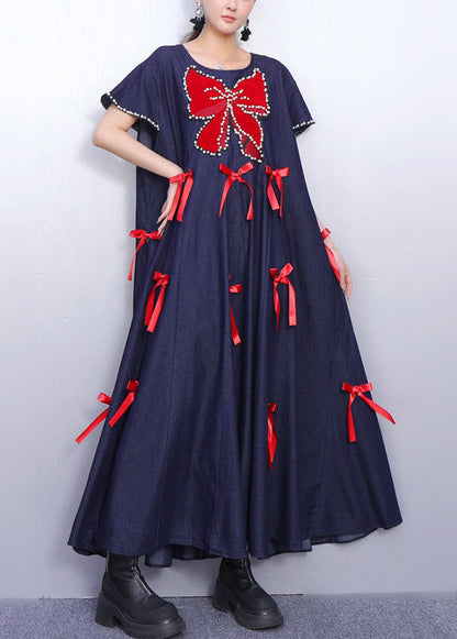 Oversized Denim Pearl Trim Bow Applique A-Line Maxi Dress