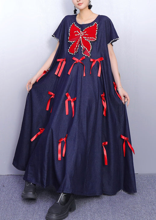 Oversized Denim Pearl Trim Bow Applique A-Line Maxi Dress