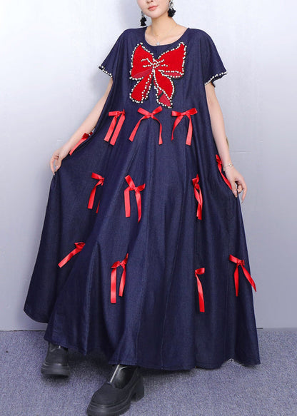 Oversized Denim Pearl Trim Bow Applique A-Line Maxi Dress