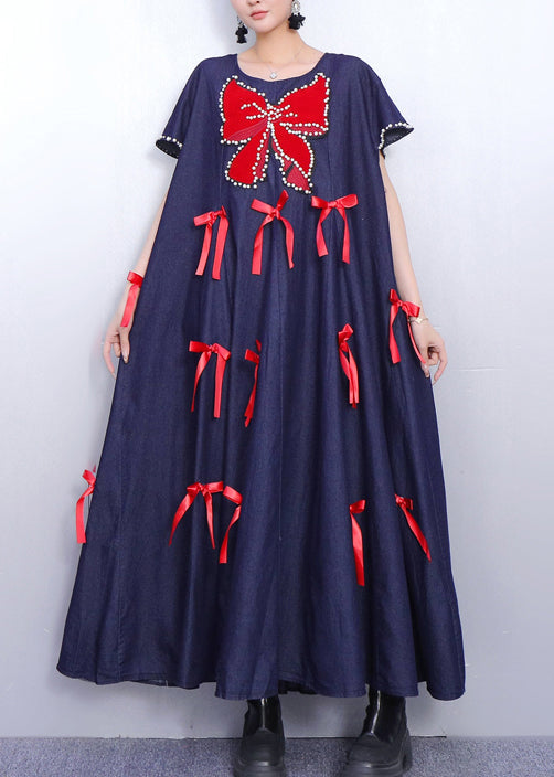 Oversized Denim Pearl Trim Bow Applique A-Line Maxi Dress