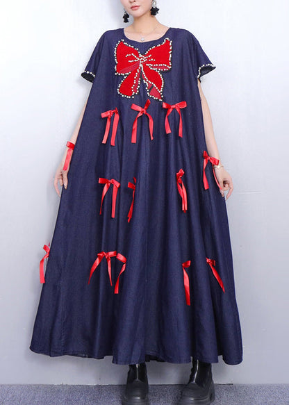 Oversized Denim Pearl Trim Bow Applique A-Line Maxi Dress