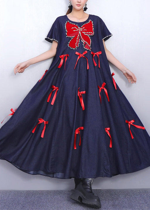 Oversized Denim Pearl Trim Bow Applique A-Line Maxi Dress