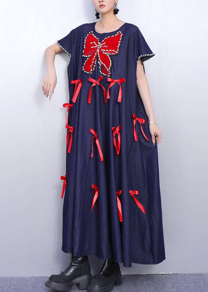 Oversized Denim Pearl Trim Bow Applique A-Line Maxi Dress