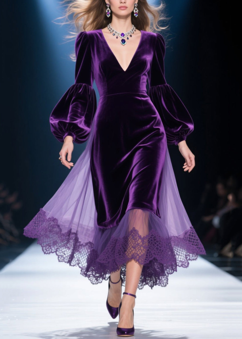 Deep V-Neck Bishop Sleeve Lace Panel Mesh Skirt Scalloped Hem Velvet Midi Gown