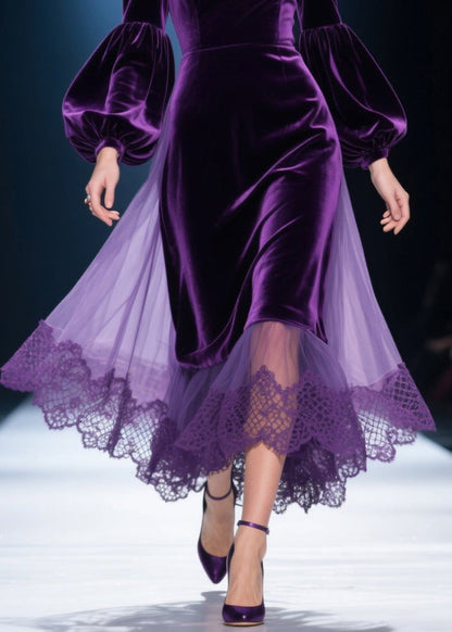 Deep V-Neck Bishop Sleeve Lace Panel Mesh Skirt Scalloped Hem Velvet Midi Gown