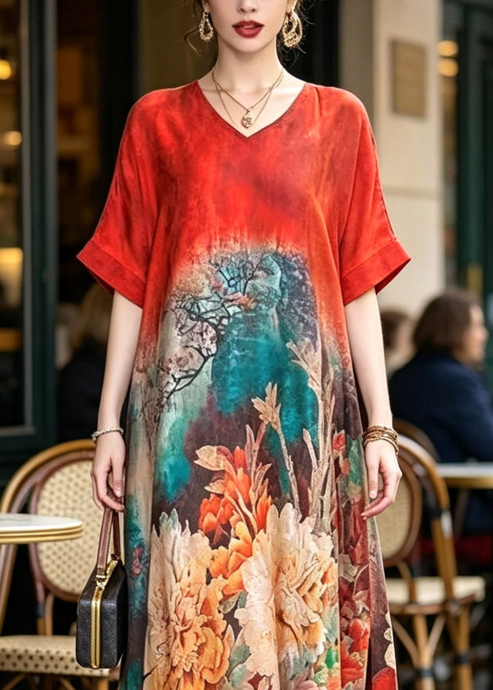 V-Neck Landscape Print Kimono Sleeve Side Slit Maxi Dress